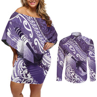 Personalised New Zealand Aotearoa Darts Masters Couples Matching Off Shoulder Short Dress and Long Sleeve Button Shirt Maori Art Tattoo with Tribal Dart Symbol Purple - Polynesian Pride