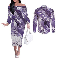 Personalised New Zealand Aotearoa Darts Masters Couples Matching Off The Shoulder Long Sleeve Dress and Long Sleeve Button Shirt Maori Art Tattoo with Tribal Dart Symbol Purple - Polynesian Pride