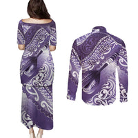 Personalised New Zealand Aotearoa Darts Masters Couples Matching Puletasi and Long Sleeve Button Shirt Maori Art Tattoo with Tribal Dart Symbol Purple - Polynesian Pride