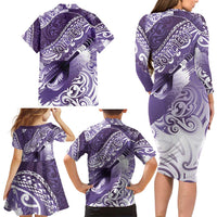 Personalised New Zealand Aotearoa Darts Masters Family Matching Long Sleeve Bodycon Dress and Hawaiian Shirt Maori Art Tattoo with Tribal Dart Symbol Purple - Polynesian Pride