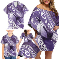 Personalised New Zealand Aotearoa Darts Masters Family Matching Off Shoulder Short Dress and Hawaiian Shirt Maori Art Tattoo with Tribal Dart Symbol Purple - Polynesian Pride