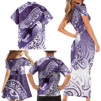 Personalised New Zealand Aotearoa Darts Masters Family Matching Short Sleeve Bodycon Dress and Hawaiian Shirt Maori Art Tattoo with Tribal Dart Symbol Purple - Polynesian Pride