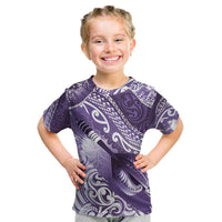 Personalised New Zealand Aotearoa Darts Masters Kid T Shirt Maori Art Tattoo with Tribal Dart Symbol Purple - Polynesian Pride