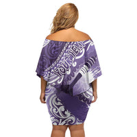 Personalised New Zealand Aotearoa Darts Masters Off Shoulder Short Dress Maori Art Tattoo with Tribal Dart Symbol Purple - Polynesian Pride
