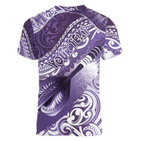 Personalised New Zealand Aotearoa Darts Masters Women V-Neck T-Shirt Maori Art Tattoo with Tribal Dart Symbol Purple - Polynesian Pride