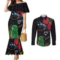 New Zealand Tui Couples Matching Mermaid Dress and Long Sleeve Button Shirt Guardians of the Hei Tiki - Maori Art and Plants