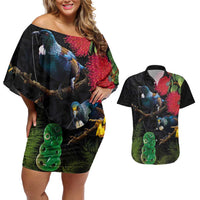 New Zealand Tui Couples Matching Off Shoulder Short Dress and Hawaiian Shirt Guardians of the Hei Tiki - Maori Art and Plants