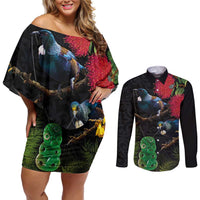 New Zealand Tui Couples Matching Off Shoulder Short Dress and Long Sleeve Button Shirt Guardians of the Hei Tiki - Maori Art and Plants