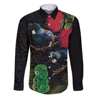 New Zealand Tui Family Matching Off Shoulder Maxi Dress and Hawaiian Shirt Guardians of the Hei Tiki - Maori Art and Plants LT03 Dad's Shirt - Long Sleeve Black - Polynesian Pride