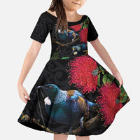 New Zealand Tui Family Matching Summer Maxi Dress and Hawaiian Shirt Guardians of the Hei Tiki - Maori Art and Plants LT03 Daughter's Dress Black - Polynesian Pride
