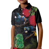 New Zealand Tui Kid Polo Shirt Guardians of the Hei Tiki - Maori Art and Plants LT03 Kid Black - Polynesian Pride
