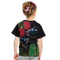 New Zealand Tui Kid T Shirt Guardians of the Hei Tiki - Maori Art and Plants LT03 - Polynesian Pride