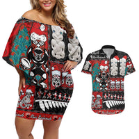 New Zealand Christmas Couples Matching Off Shoulder Short Dress and Hawaiian Shirt Maori Christmas Spirit - Meri Kirihimete LT03 Black - Polynesian Pride