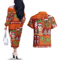 Hawaiian Christmas Couples Matching Off The Shoulder Long Sleeve Dress and Hawaiian Shirt - Mele Kalikimaka Island Holiday Vibes - Red Orange