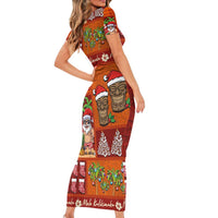 Hawaiian Christmas Family Matching Short Sleeve Bodycon Dress and Hawaiian Shirt - Mele Kalikimaka Island Holiday Vibes - Red Orange