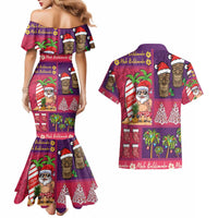 Hawaiian Christmas Couples Matching Mermaid Dress and Hawaiian Shirt - Mele Kalikimaka Island Holiday Vibes - Pink Purple