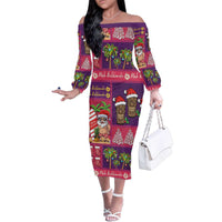 Hawaiian Christmas Family Matching Off The Shoulder Long Sleeve Dress and Hawaiian Shirt - Mele Kalikimaka Island Holiday Vibes - Pink Purple