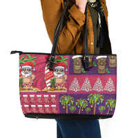 Hawaiian Christmas Leather Tote Bag - Mele Kalikimaka Island Holiday Vibes - Pink Purple