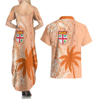 Bula Fiji Couples Matching Summer Maxi Dress and Hawaiian Shirt Tropical Flower and Tapa Pattern Peach Fuzz Color LT03 - Polynesian Pride