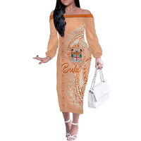 Bula Fiji Family Matching Off Shoulder Long Sleeve Dress and Hawaiian Shirt Tropical Flower and Tapa Pattern Peach Fuzz Color LT03 Mom's Dress Peach Fuzz - Polynesian Pride