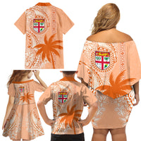Bula Fiji Family Matching Off Shoulder Short Dress and Hawaiian Shirt Tropical Flower and Tapa Pattern Peach Fuzz Color LT03 - Polynesian Pride