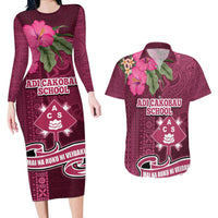Fiji Adi Cakobau School Couples Matching Long Sleeve Bodycon Dress and Hawaiian Shirt Tropical Flower and Tapa Pattern LT03 Pink - Polynesian Pride