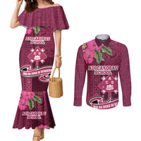 Fiji Adi Cakobau School Couples Matching Mermaid Dress and Long Sleeve Button Shirt Tropical Flower and Tapa Pattern LT03 Pink - Polynesian Pride
