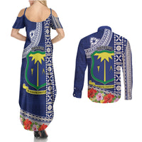 Fiji Natabua High School Couples Matching Summer Maxi Dress and Long Sleeve Button Shirt Tropical Flower and Tapa Pattern Blue Style LT03 - Polynesian Pride