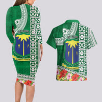Fiji Natabua High School Couples Matching Long Sleeve Bodycon Dress and Hawaiian Shirt Tropical Flower and Tapa Pattern Green Style LT03 - Polynesian Pride