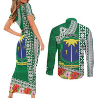 Fiji Natabua High School Couples Matching Short Sleeve Bodycon Dress and Long Sleeve Button Shirt Tropical Flower and Tapa Pattern Green Style LT03 - Polynesian Pride