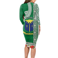 Fiji Natabua High School Long Sleeve Bodycon Dress Tropical Flower and Tapa Pattern Green Style LT03 - Polynesian Pride