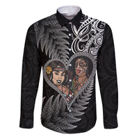 New Zealand Valentine Day Family Matching Long Sleeve Bodycon Dress and Hawaiian Shirt Aotearoa Warrior and Woman Love Heart Silver Fern Koru LT03 Dad's Shirt - Long Sleeve Black - Polynesian Pride