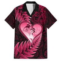 New Zealand Valentine Day Family Matching Off Shoulder Long Sleeve Dress and Hawaiian Shirt Aotearoa Warrior Love Story Silver Fern Koru Pink Style LT03 Dad's Shirt - Short Sleeve Pink - Polynesian Pride