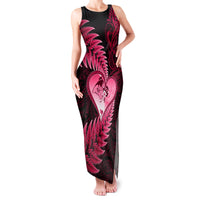 New Zealand Valentine Day Family Matching Tank Maxi Dress and Hawaiian Shirt Aotearoa Warrior Love Story Silver Fern Koru Pink Style LT03 Mom's Dress Pink - Polynesian Pride