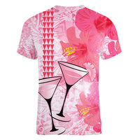 Hawaiian Cocktail Valentine Day Women V Neck T Shirt Hibiscus Kakau Pattern Pink Version LT03 - Polynesian Pride