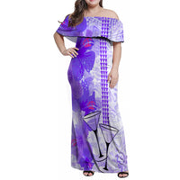 Hawaiian Cocktail Valentine Day Family Matching Off Shoulder Maxi Dress and Hawaiian Shirt Hibiscus Kakau Pattern Purple Version LT03 Mom's Dress Purple - Polynesian Pride