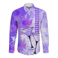 Hawaiian Cocktail Valentine Day Long Sleeve Button Shirt Hibiscus Kakau Pattern Purple Version LT03 Unisex Purple - Polynesian Pride