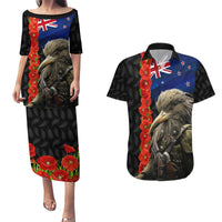 New Zealand Kiwi Soldier ANZAC Couples Matching Puletasi and Hawaiian Shirt Red Poppy Flower and Silver Fern Pattern LT03 Black - Polynesian Pride