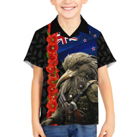 New Zealand Kiwi Soldier ANZAC Family Matching Off Shoulder Long Sleeve Dress and Hawaiian Shirt Red Poppy Flower and Silver Fern Pattern LT03 Son's Shirt Black - Polynesian Pride