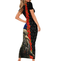 New Zealand Kiwi Soldier ANZAC Family Matching Short Sleeve Bodycon Dress and Hawaiian Shirt Red Poppy Flower and Silver Fern Pattern LT03 - Polynesian Pride