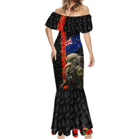 New Zealand Kiwi Soldier ANZAC Mermaid Dress Red Poppy Flower and Silver Fern Pattern LT03 - Polynesian Pride