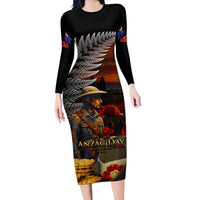 Slouch Hat and Biscuits ANZAC Family Matching Long Sleeve Bodycon Dress and Hawaiian Shirt with Soldier Silver Fern LT03 Mom's Dress Black - Polynesian Pride