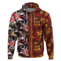 Japanese Culture Hawaii Style Zip Hoodie Hawaiian Tribal and Japanese Pattern Together Culture LT03 Pullover Hoodie Red - Polynesian Pride