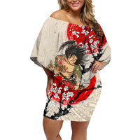 Personalised Japanese Culture Hawaii Style Family Matching Off Shoulder Short Dress and Hawaiian Shirt Japanese Samurai with Hawaiian Pattern LT03 Mom's Dress Beige - Polynesian Pride