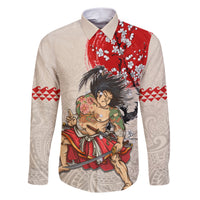 Personalised Japanese Culture Hawaii Style Family Matching Short Sleeve Bodycon Dress and Hawaiian Shirt Japanese Samurai with Hawaiian Pattern LT03 Dad's Shirt - Long Sleeve Beige - Polynesian Pride