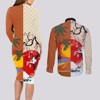 Japanese Culture Hawaii Style Couples Matching Long Sleeve Bodycon Dress and Long Sleeve Button Shirt Mauna Kea and Fuji Mountains LT03 - Polynesian Pride