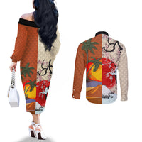 Japanese Culture Hawaii Style Couples Matching Off The Shoulder Long Sleeve Dress and Long Sleeve Button Shirt Mauna Kea and Fuji Mountains LT03 - Polynesian Pride