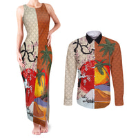 Japanese Culture Hawaii Style Couples Matching Tank Maxi Dress and Long Sleeve Button Shirt Mauna Kea and Fuji Mountains LT03 Brown - Polynesian Pride