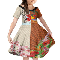 Japanese Culture Hawaii Style Family Matching Tank Maxi Dress and Hawaiian Shirt Mauna Kea and Fuji Mountains LT03 Daughter's Dress Brown - Polynesian Pride