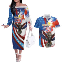 Philippines and United States Semiquincentennial Couples Matching Off The Shoulder Long Sleeve Dress and Hawaiian Shirt Eagle and National Flag Style